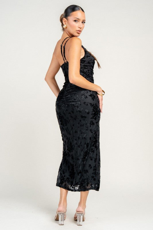 VELVET BURNOUT ONE SHOUDLER MIDI DRESS