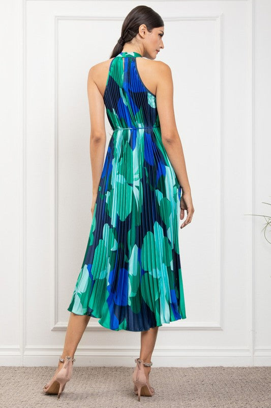 PRINTED PLEATED HALTER NECK MIDI DRESS