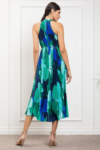 PRINTED PLEATED HALTER NECK MIDI DRESS