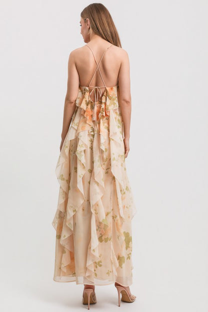 FLOWER PRINT SPAGHETTI STRAP OPEN BACK RUFFLE MAXI DRESS