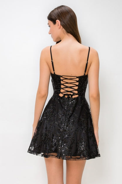 FLORAL EMBROIDERY SEQUIN A-LINE MINI DRESS