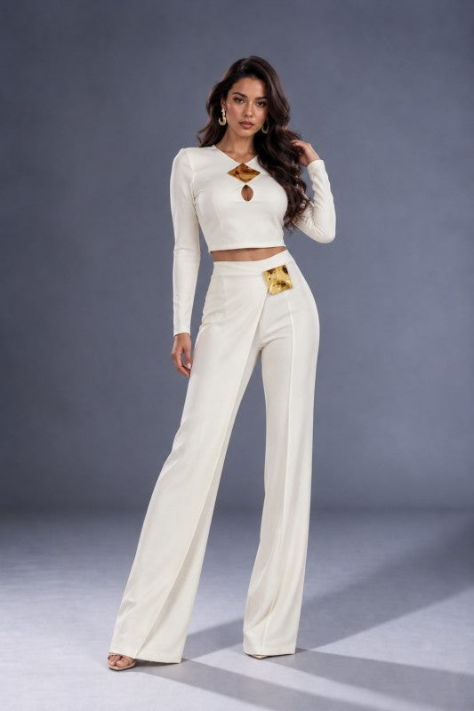 CROP TOP PANTS SET WITH GOLD ACCESSORIES