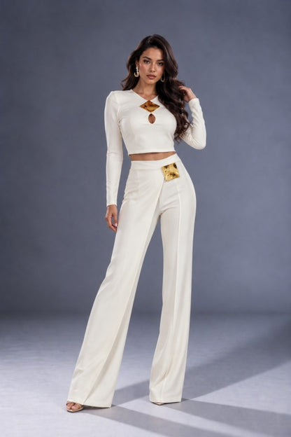 CROP TOP PANTS SET WITH GOLD ACCESSORIES