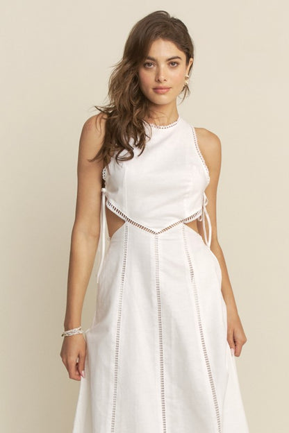 SIDE CUTOUT TIE FINISH LACE TRIM MAXI DRESS
