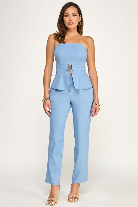 FLARE TUBE TOP WITH METAL BUCKLE AND PANTS SET