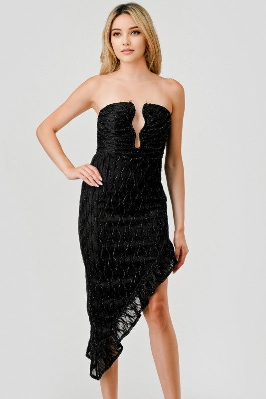 METALLIC TEXTURED ASYMMETRICAL PARTY DRESS