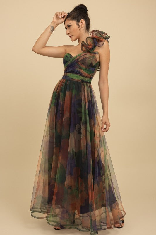 ONE SHOULDER BACK LACE UP FLORAL MESH DRESS