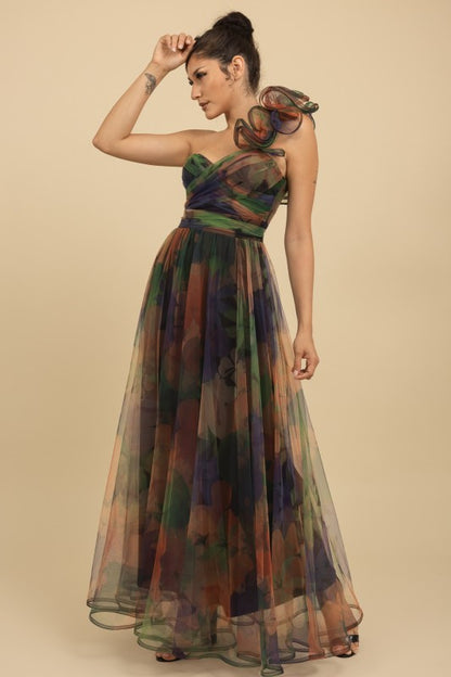 ONE SHOULDER BACK LACE UP FLORAL MESH DRESS