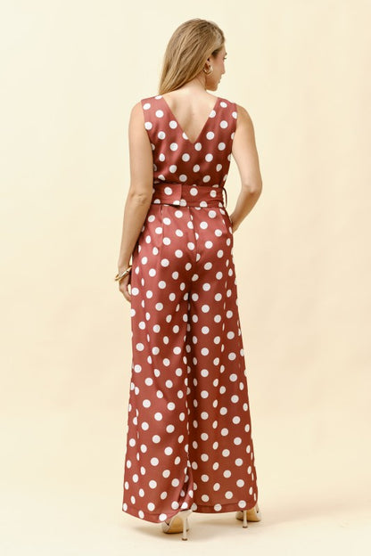 SLEEVELESS POLKA DOT BELTED WIDE LEG JUMPSUIT