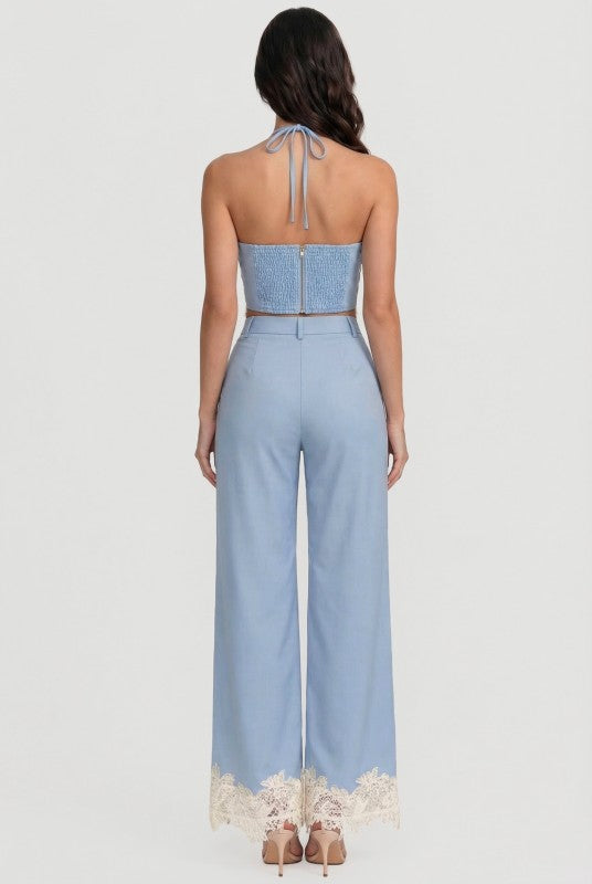 LACE HALTER CROP TOP PANTS SET