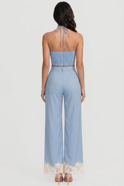 LACE HALTER CROP TOP PANTS SET