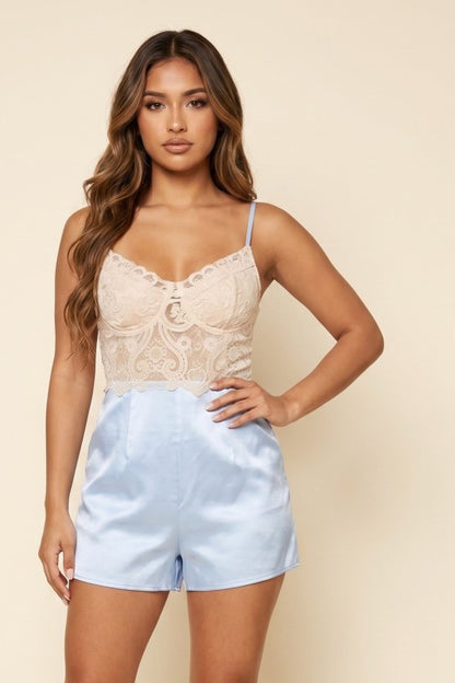 LACE CONTRAST SATIN SHORTS ROMPER