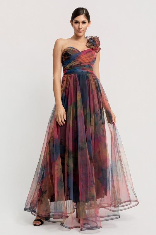 ONE SHOULDER BACK LACE UP FLORAL MESH DRESS