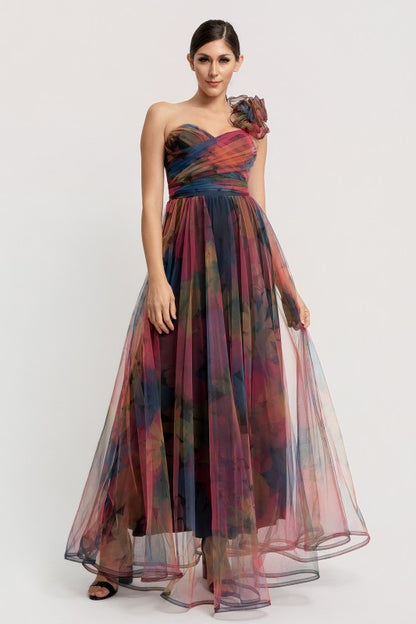 ONE SHOULDER BACK LACE UP FLORAL MESH DRESS