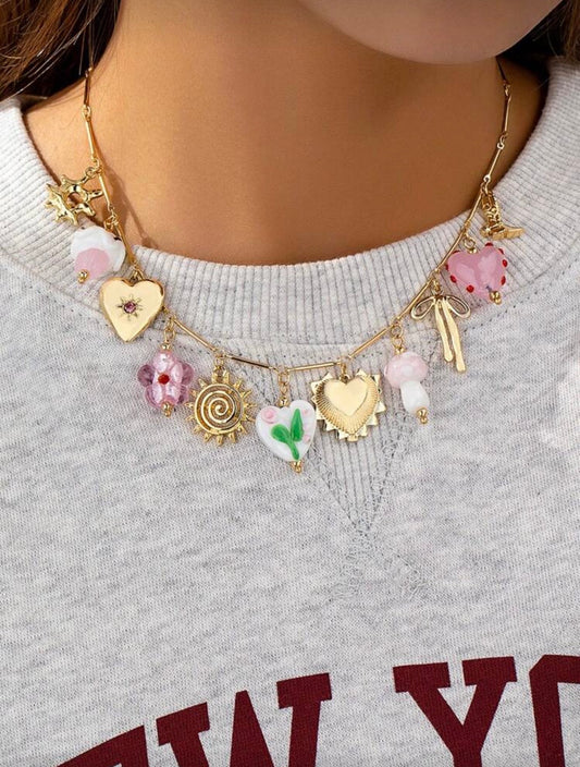 GLASS HEART MUSHROOM BOW CHARM PENDANT NECKLACE