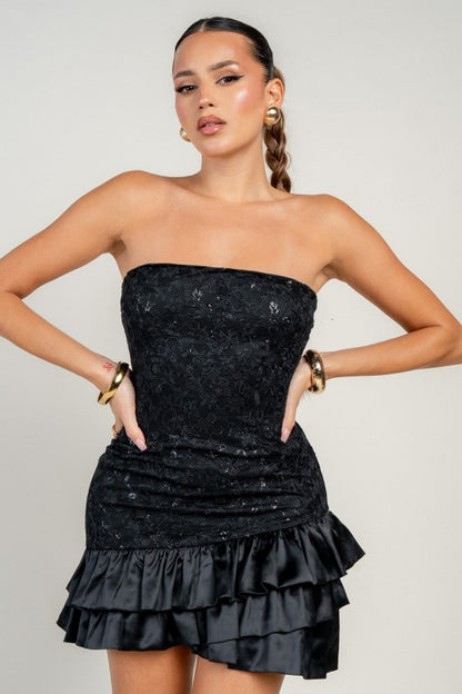 NOVELTY SEQUIN LACE WI SATIN BUBBLE MINI PARTY DRESS
