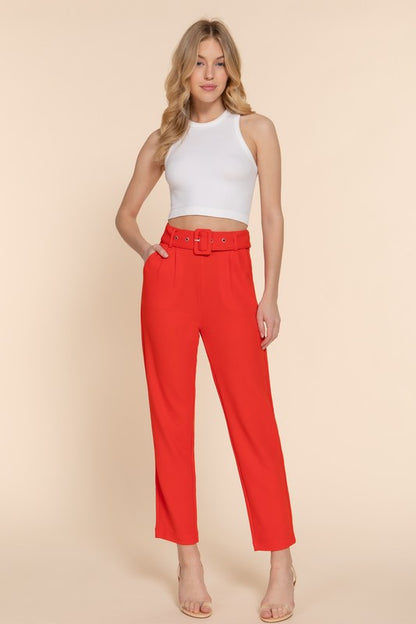 FRONT POCKET BELTED STRETCH PANTS