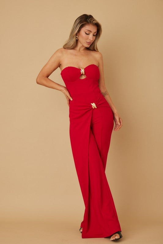 DRAPED STRAPLESS JUMPSUIT WITH GOLD