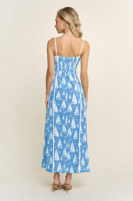 PRINTED PIPING DETAIL MAXI DRESS