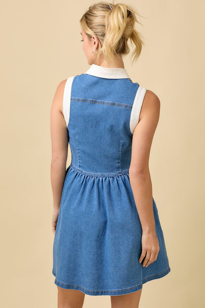 COLLAR BUTTON DOWN SUMMER DENIM MINI DRESS