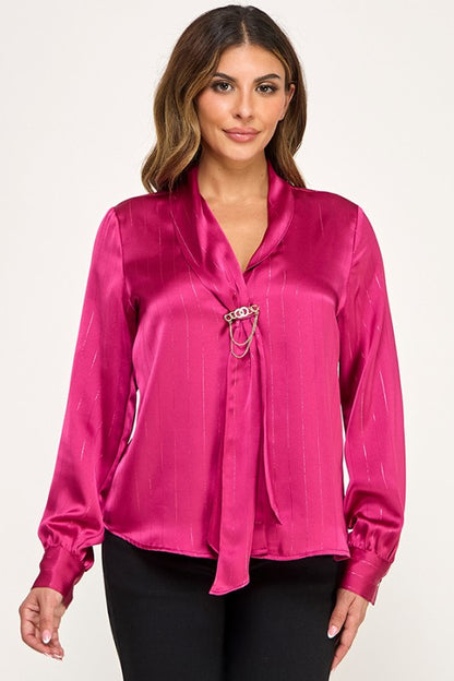 LUREX STRIPED LONG SLEEVE BLOUSE WITH NECK TIE