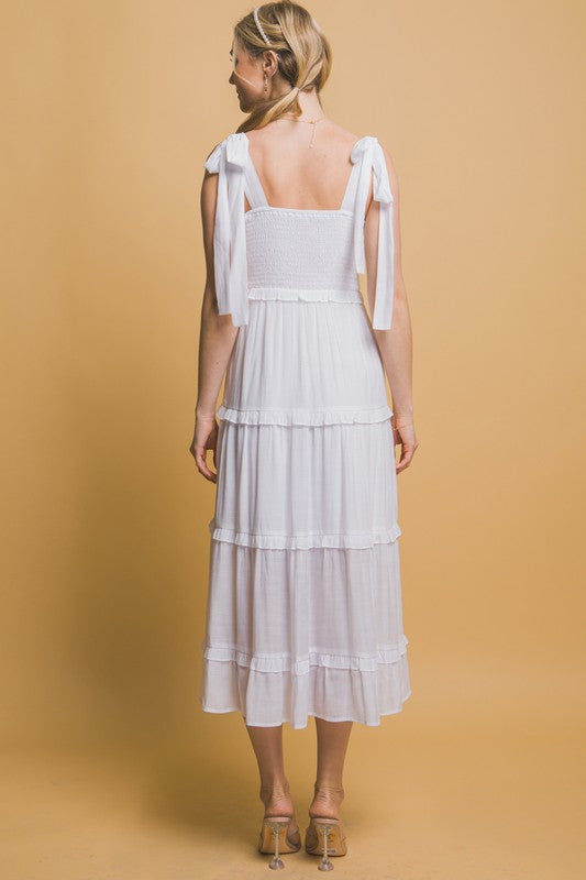 BOW STRAP TIERED MIDI DRESS