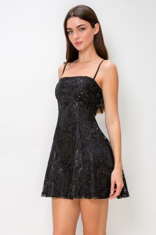 FLORAL EMBROIDERY SEQUIN A-LINE MINI DRESS