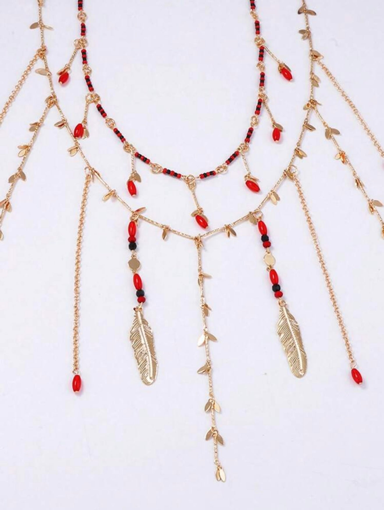 Luxurious Double Layer Chain & Metal Leaf Beaded Tassel  Necklace