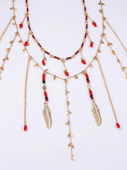 Luxurious Double Layer Chain & Metal Leaf Beaded Tassel  Necklace