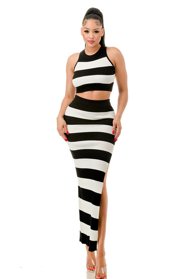 Striped Ribbed Knit Crop Top and Maxi Skirt Set