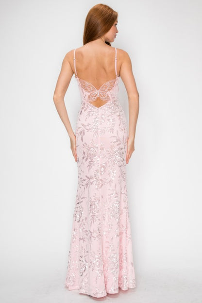 FLORAL SEQUIN MERMAID MAXI COCKTAIL DRESS