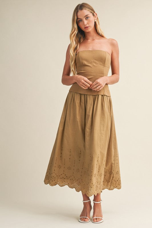 STRAPLESS EYELET SCALLOP HEM TWOFER MIDI DRESS