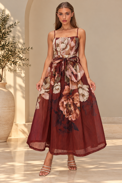 FLORAL SLEEVELESS FRONT TIE MIDI DRESS
