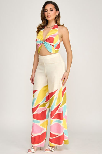 BORDER PRINTER HALTER NECK TOP PANTS SET WITH SPIRAL TRIM DETAIL