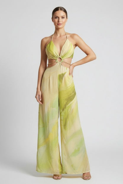 MARBLE PRINT HALTER NECK CUT OUT JUMPSUIT