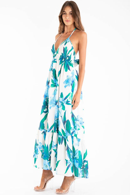 FLOWER PRINT HALTER NECK OPEN BACK TIE MIDI DRESS