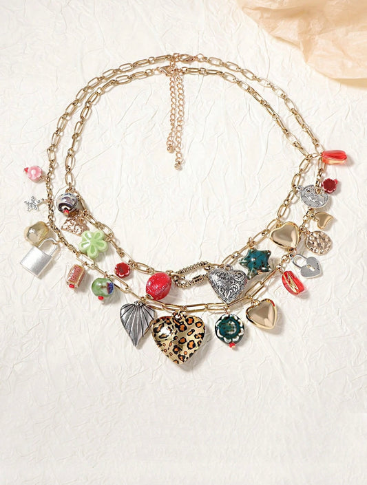 STACKED MULTI LAYER BOHEMIAN PENDANT HEART NECKLACE