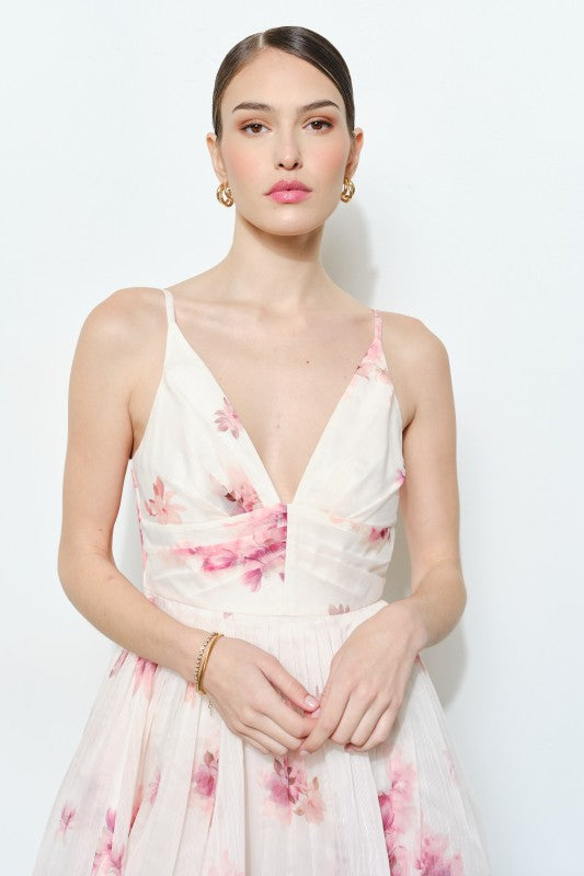 FLORAL ORGANZA V-NECK PRINTED MINI PARTY DRESS