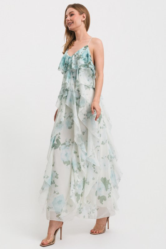 FLOWER PRINT SPAGHETTI STRAP OPEN BACK RUFFLE MAXI DRESS