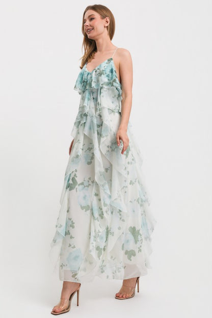 FLOWER PRINT SPAGHETTI STRAP OPEN BACK RUFFLE MAXI DRESS