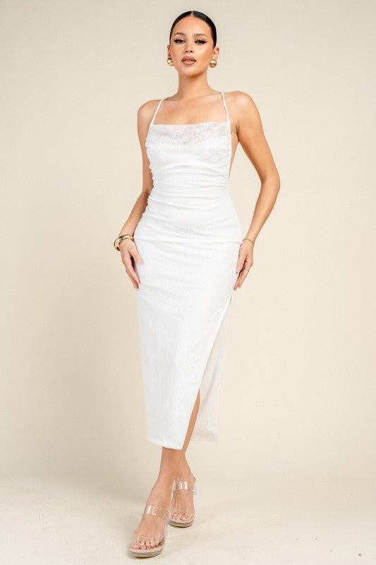 BEADED LACE MIDI PARTY DRESS