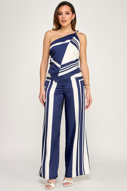 GEOMETRIC PRINTED ASYMMETRICAL TOP PANTS SET