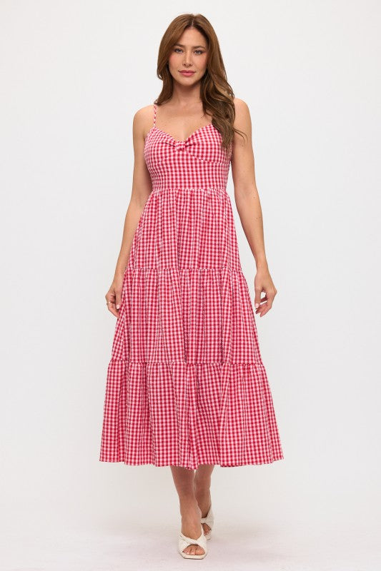 GINGHAM BOW BUST BACK TIE POPLIN MAXI DRESS