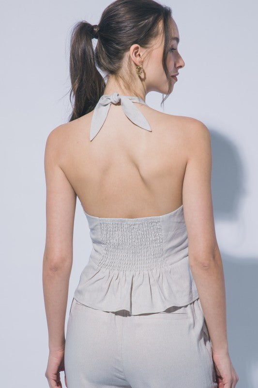 HALTER NECK LINEN TIE FRONT VEST PANTS SET