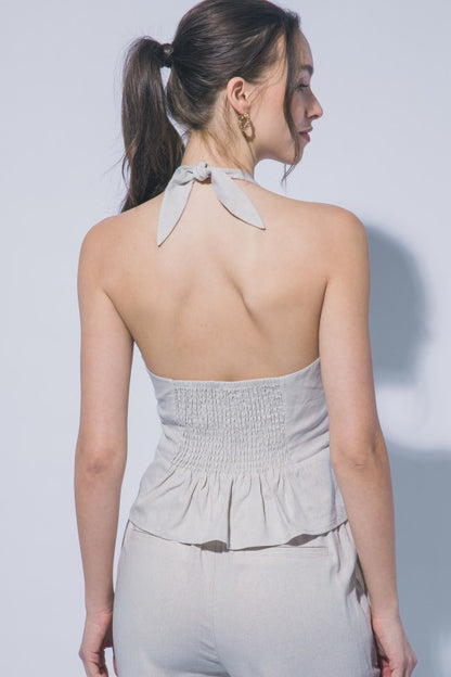HALTER NECK LINEN TIE FRONT VEST PANTS SET