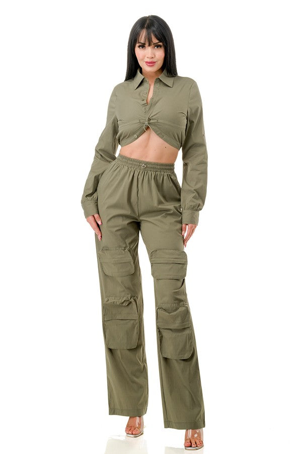 COLLARED BLOUSE WITH WOVEN CARGO PANTS SET