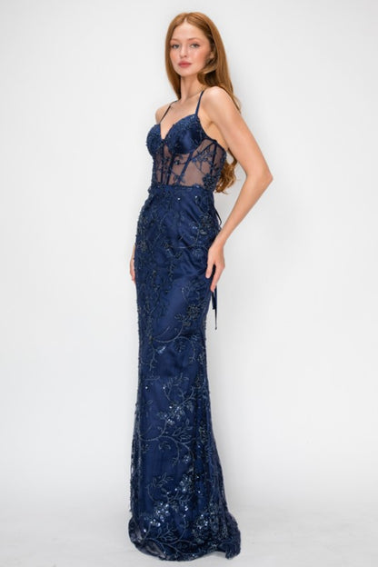 FLORAL SEQUIN CORSET MERMAID MAXI COCKTAIL DRESS