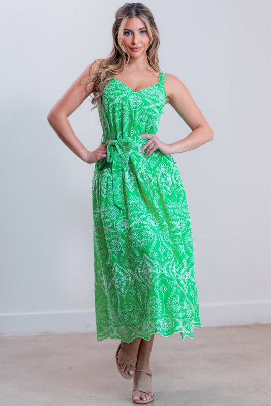 BELTED EMBROIDERED MIDI DRESS