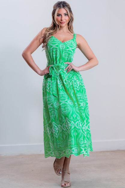 BELTED EMBROIDERED MIDI DRESS