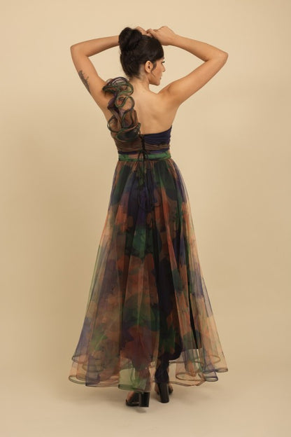 ONE SHOULDER BACK LACE UP FLORAL MESH DRESS